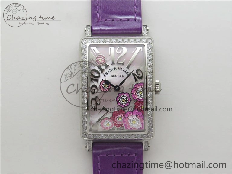 Long Island Ladies SS Diamonds Bezel ZF 1:1 Mother of Pearl Dial on Purple Leather Strap Swiss Ronda Quartz
