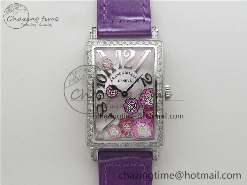 Long Island Ladies SS Diamonds Bezel ZF 1:1 Mother of Pearl Dial on Purple Leather Strap Swiss Ronda Quartz