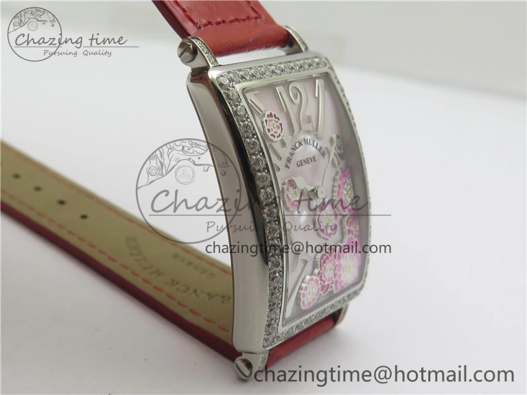 Long Island Ladies SS Diamonds Bezel ZF 1:1 Mother of Pearl Dial on Red Leather Strap Swiss Ronda Quartz