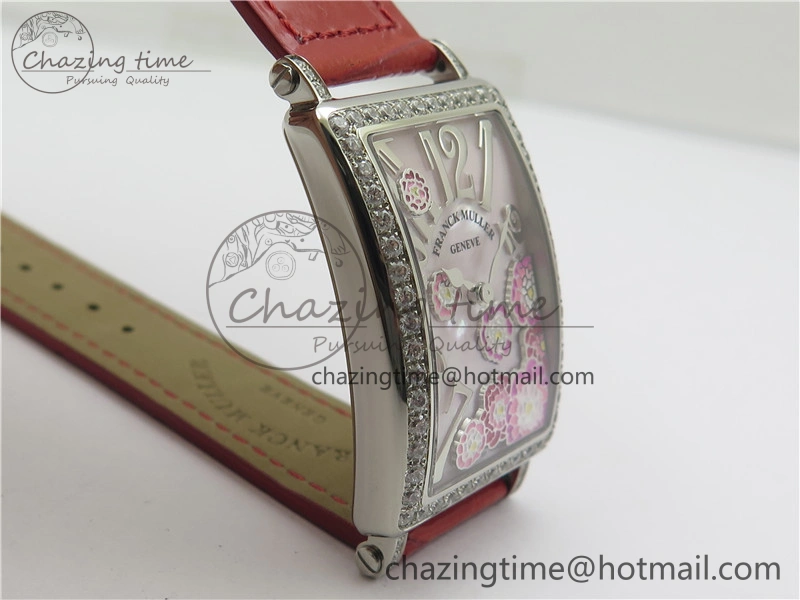 Long Island Ladies SS Diamonds Bezel ZF 1:1 Mother of Pearl Dial on Red Leather Strap Swiss Ronda Quartz