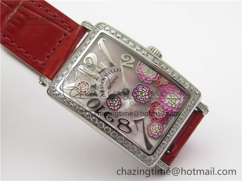 Long Island Ladies SS Diamonds Bezel ZF 1:1 Mother of Pearl Dial on Red Leather Strap Swiss Ronda Quartz