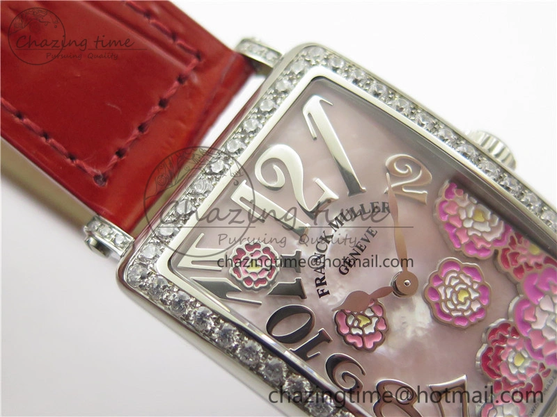 Long Island Ladies SS Diamonds Bezel ZF 1:1 Mother of Pearl Dial on Red Leather Strap Swiss Ronda Quartz