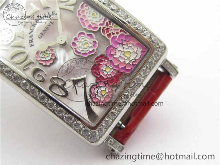 Long Island Ladies SS Diamonds Bezel ZF 1:1 Mother of Pearl Dial on Red Leather Strap Swiss Ronda Quartz
