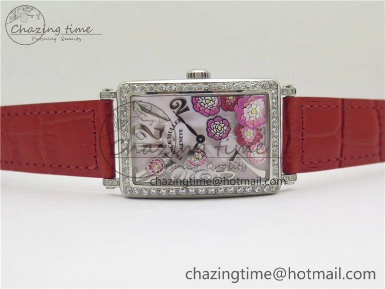 Long Island Ladies SS Diamonds Bezel ZF 1:1 Mother of Pearl Dial on Red Leather Strap Swiss Ronda Quartz