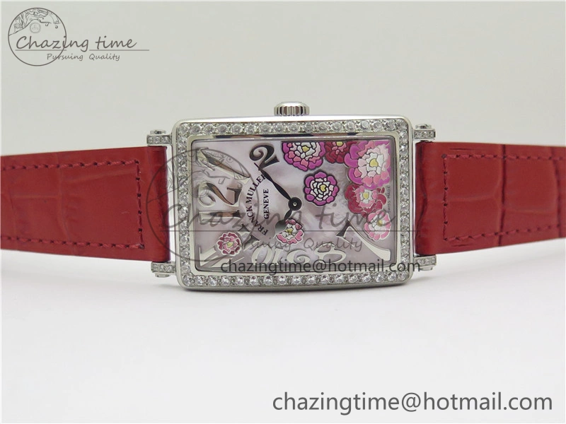 Long Island Ladies SS Diamonds Bezel ZF 1:1 Mother of Pearl Dial on Red Leather Strap Swiss Ronda Quartz