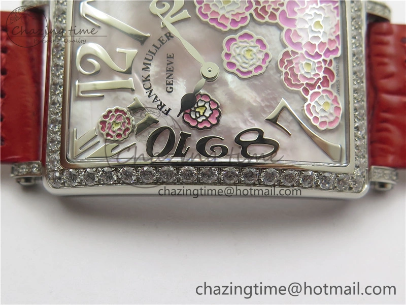 Long Island Ladies SS Diamonds Bezel ZF 1:1 Mother of Pearl Dial on Red Leather Strap Swiss Ronda Quartz