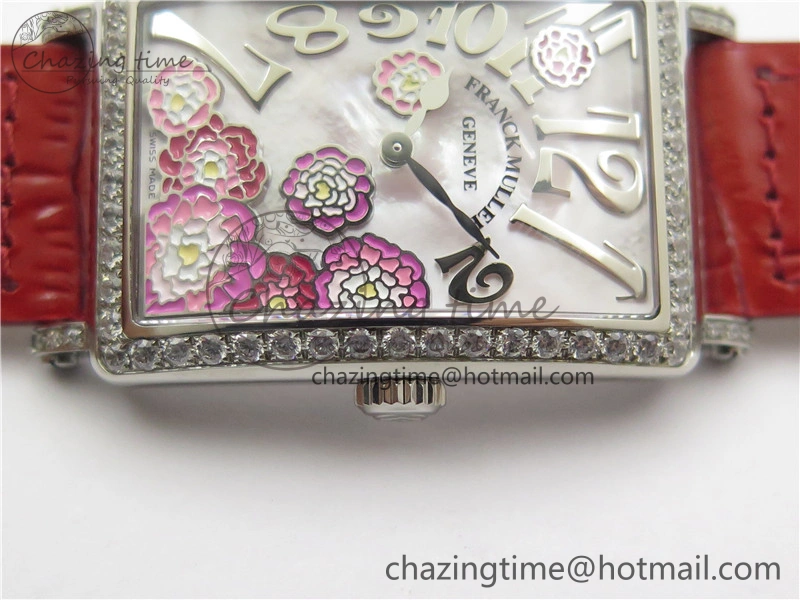 Long Island Ladies SS Diamonds Bezel ZF 1:1 Mother of Pearl Dial on Red Leather Strap Swiss Ronda Quartz