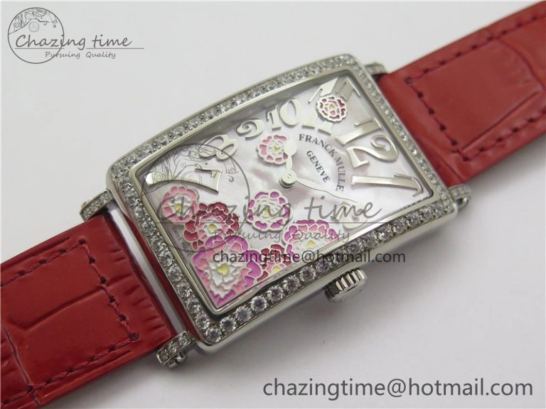 Long Island Ladies SS Diamonds Bezel ZF 1:1 Mother of Pearl Dial on Red Leather Strap Swiss Ronda Quartz