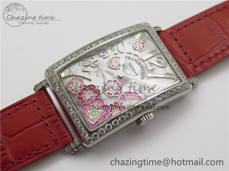 Long Island Ladies SS Diamonds Bezel ZF 1:1 Mother of Pearl Dial on Red Leather Strap Swiss Ronda Quartz
