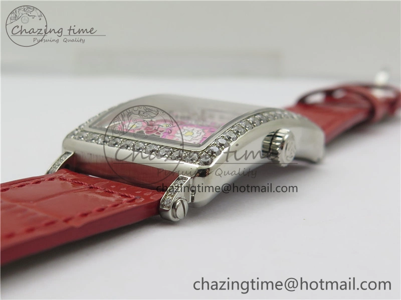Long Island Ladies SS Diamonds Bezel ZF 1:1 Mother of Pearl Dial on Red Leather Strap Swiss Ronda Quartz