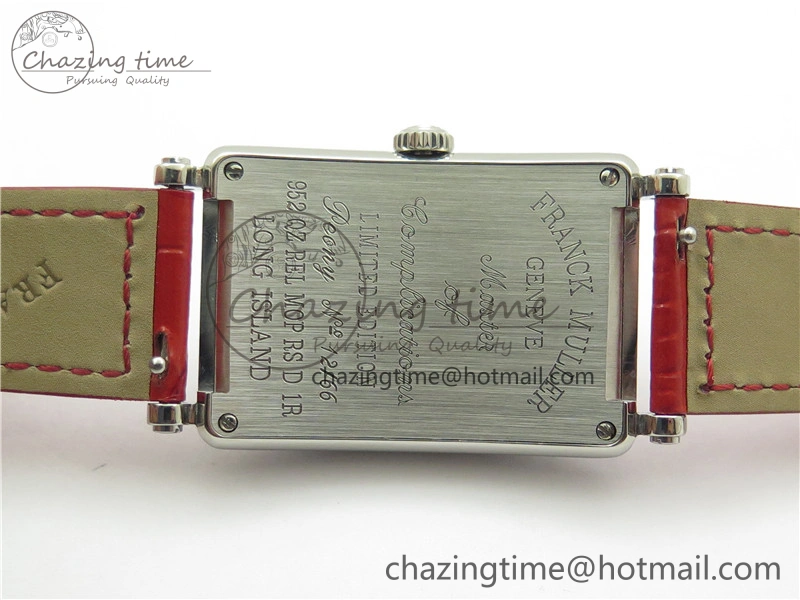 Long Island Ladies SS Diamonds Bezel ZF 1:1 Mother of Pearl Dial on Red Leather Strap Swiss Ronda Quartz