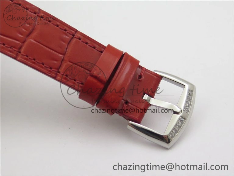 Long Island Ladies SS Diamonds Bezel ZF 1:1 Mother of Pearl Dial on Red Leather Strap Swiss Ronda Quartz