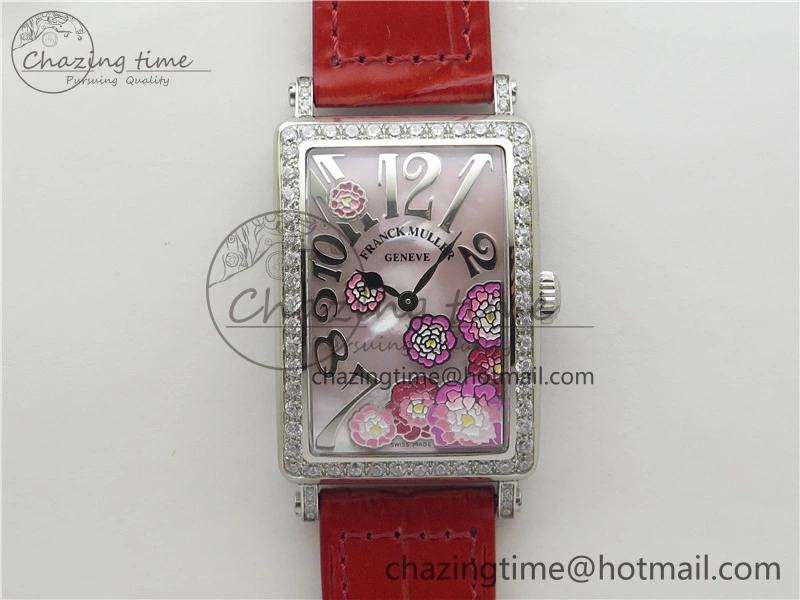 Long Island Ladies SS Diamonds Bezel ZF 1:1 Mother of Pearl Dial on Red Leather Strap Swiss Ronda Quartz