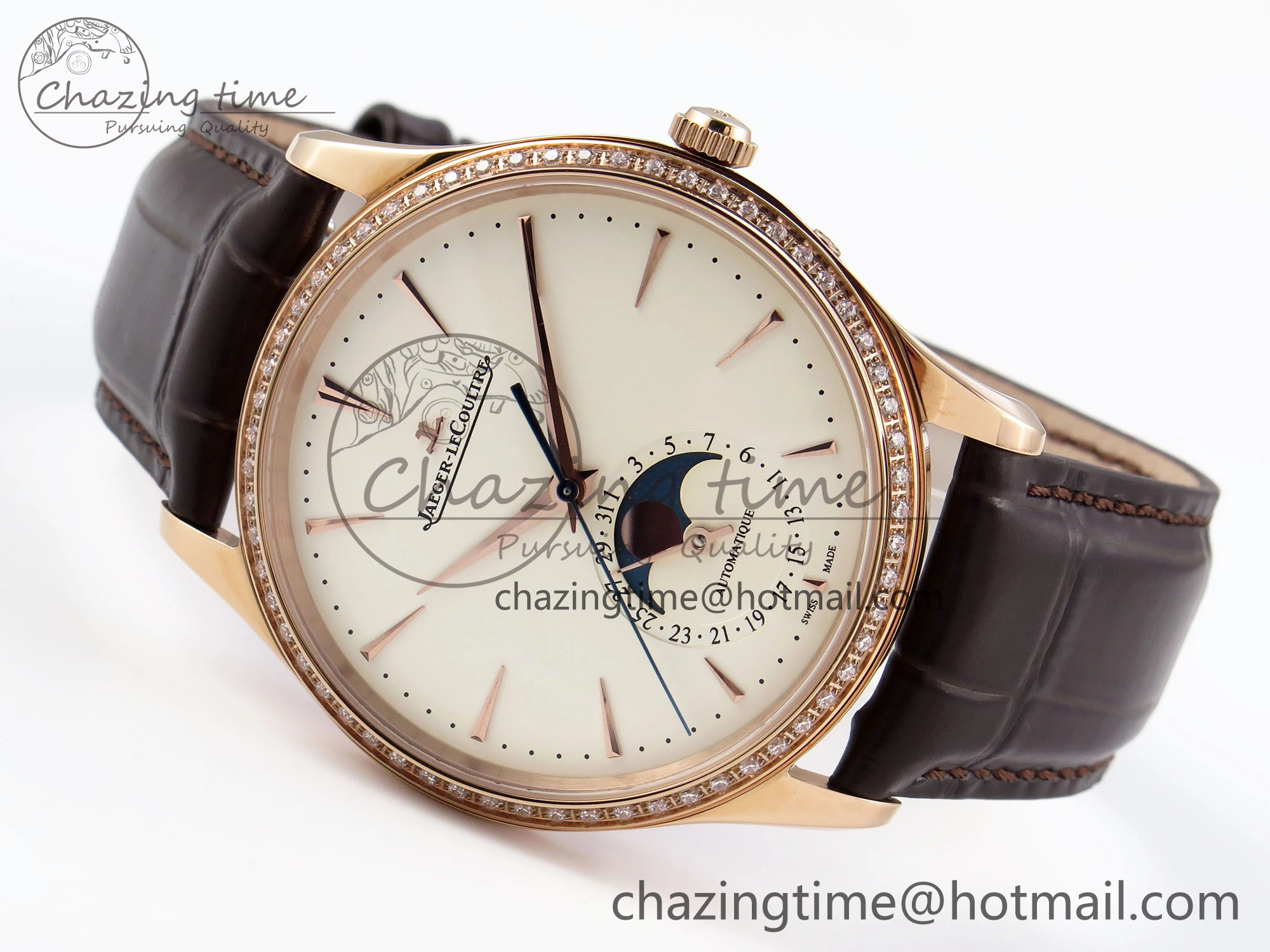 MASTER ULTRA THIN MOON RG APSF 1:1 BEST EDITION WHITE DIAL DIAMONDS BEZEL ON BROWN LEATHER STRAP SA925 SUPER CLONE