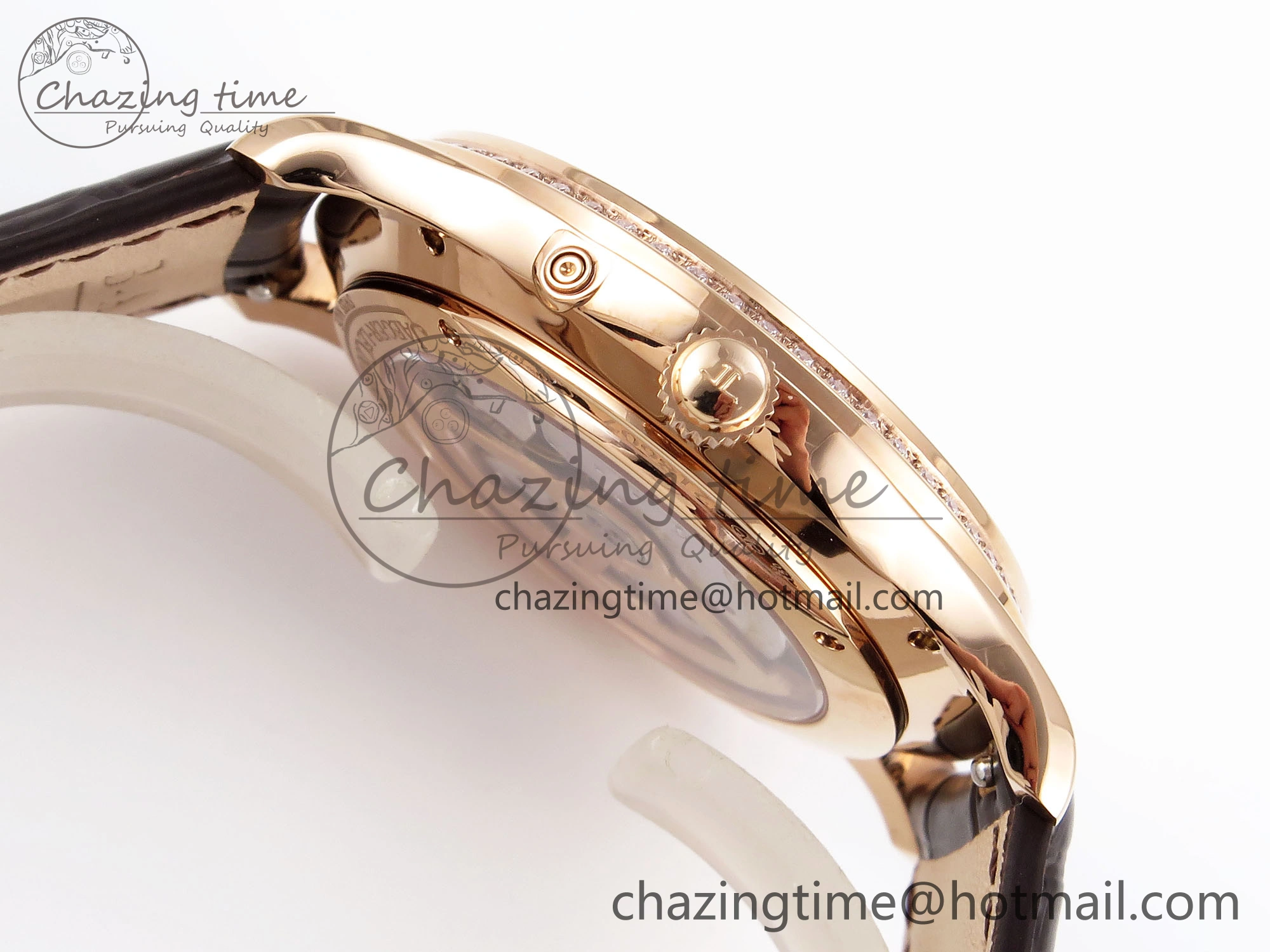 MASTER ULTRA THIN MOON RG APSF 1:1 BEST EDITION WHITE DIAL DIAMONDS BEZEL ON BROWN LEATHER STRAP SA925 SUPER CLONE