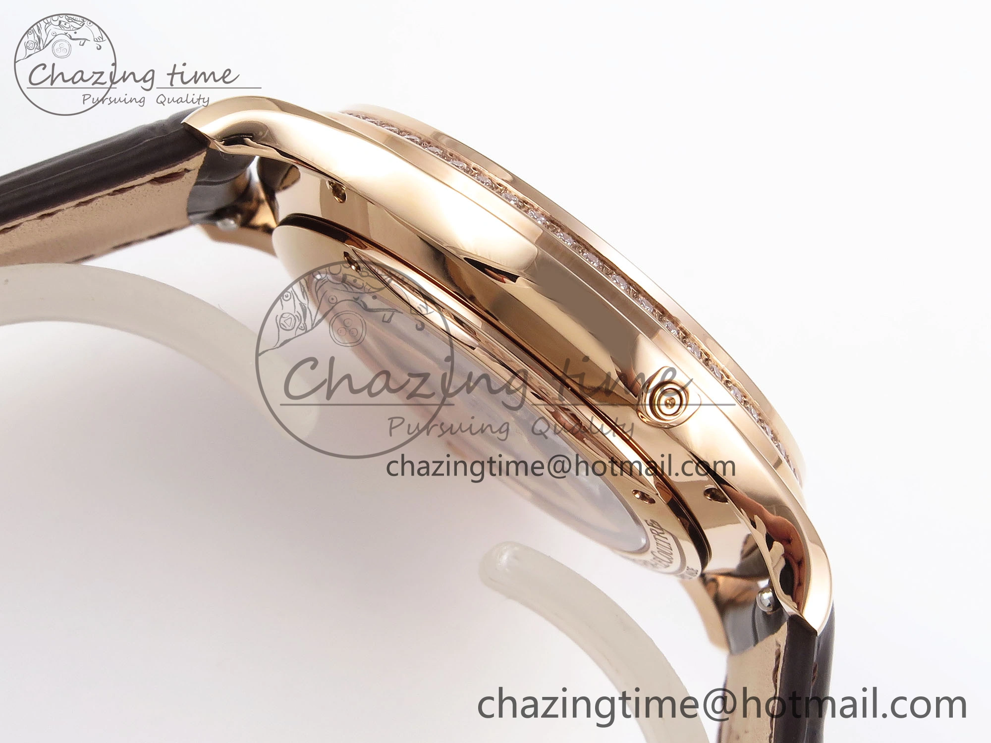 MASTER ULTRA THIN MOON RG APSF 1:1 BEST EDITION WHITE DIAL DIAMONDS BEZEL ON BROWN LEATHER STRAP SA925 SUPER CLONE