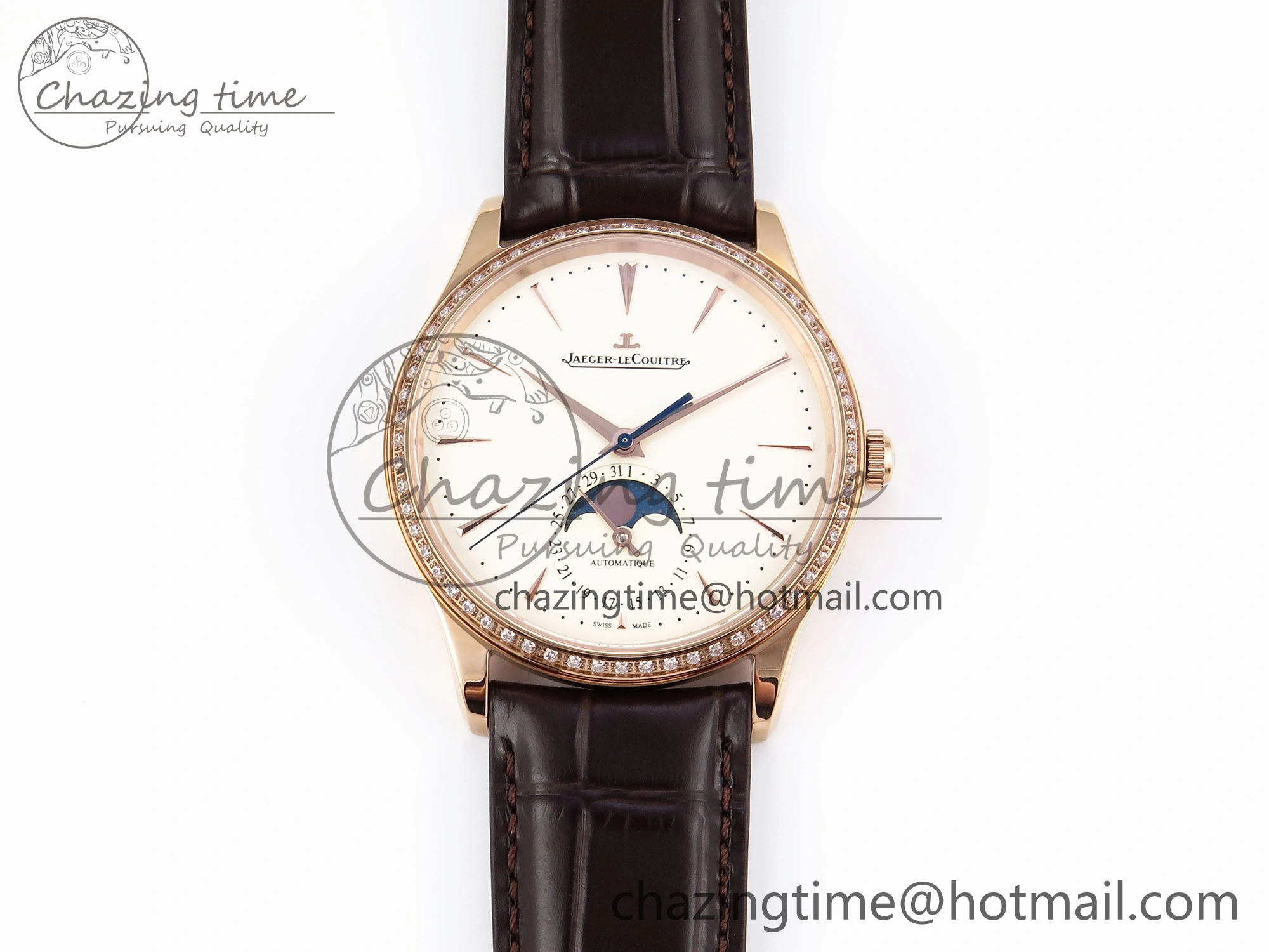 MASTER ULTRA THIN MOON RG APSF 1:1 BEST EDITION WHITE DIAL DIAMONDS BEZEL ON BROWN LEATHER STRAP SA925 SUPER CLONE