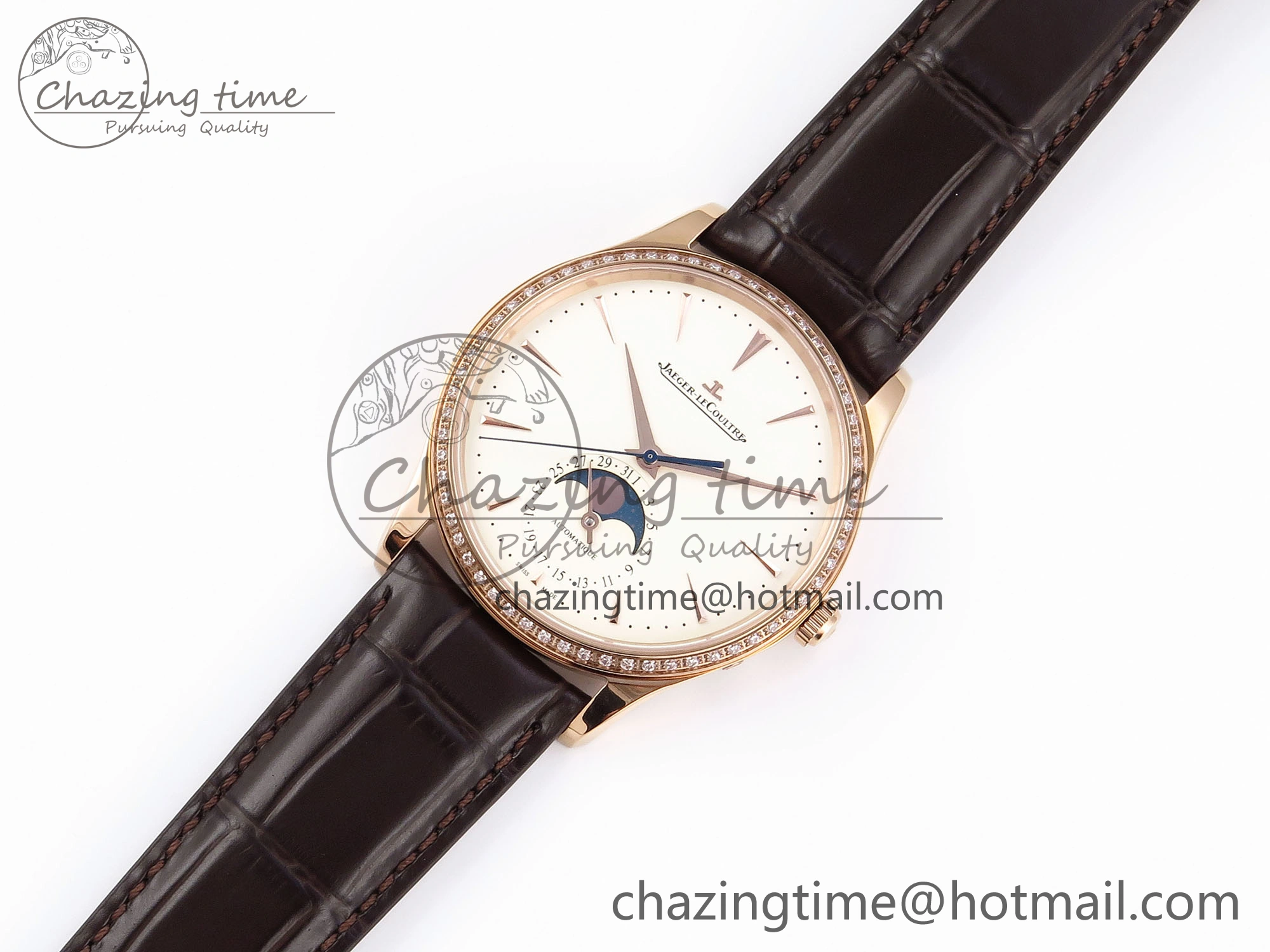 MASTER ULTRA THIN MOON RG APSF 1:1 BEST EDITION WHITE DIAL DIAMONDS BEZEL ON BROWN LEATHER STRAP SA925 SUPER CLONE