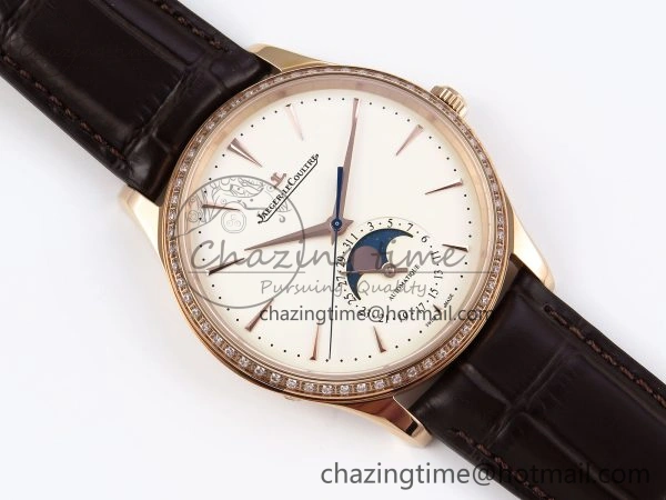 MASTER ULTRA THIN MOON RG APSF 1:1 BEST EDITION WHITE DIAL DIAMONDS BEZEL ON BROWN LEATHER STRAP SA925 SUPER CLONE