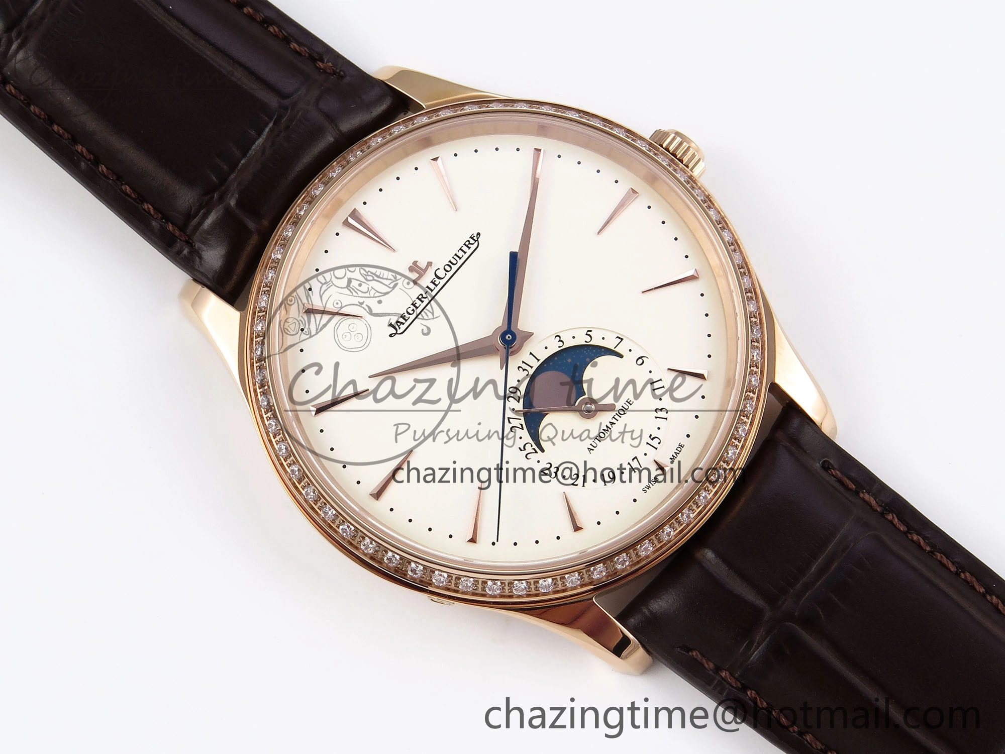 MASTER ULTRA THIN MOON RG APSF 1:1 BEST EDITION WHITE DIAL DIAMONDS BEZEL ON BROWN LEATHER STRAP SA925 SUPER CLONE