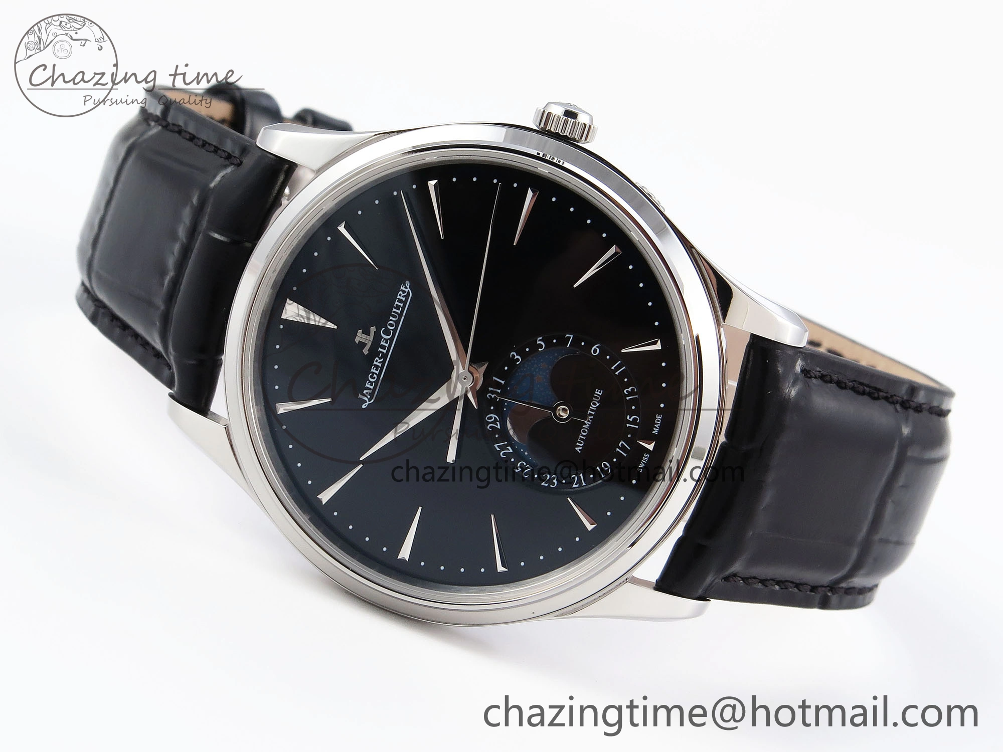 MASTER ULTRA THIN MOON SS APSF 1:1 BEST EDITION BLACK DIAL ON BLACK LEATHER STRAP SA925 SUPER CLONE