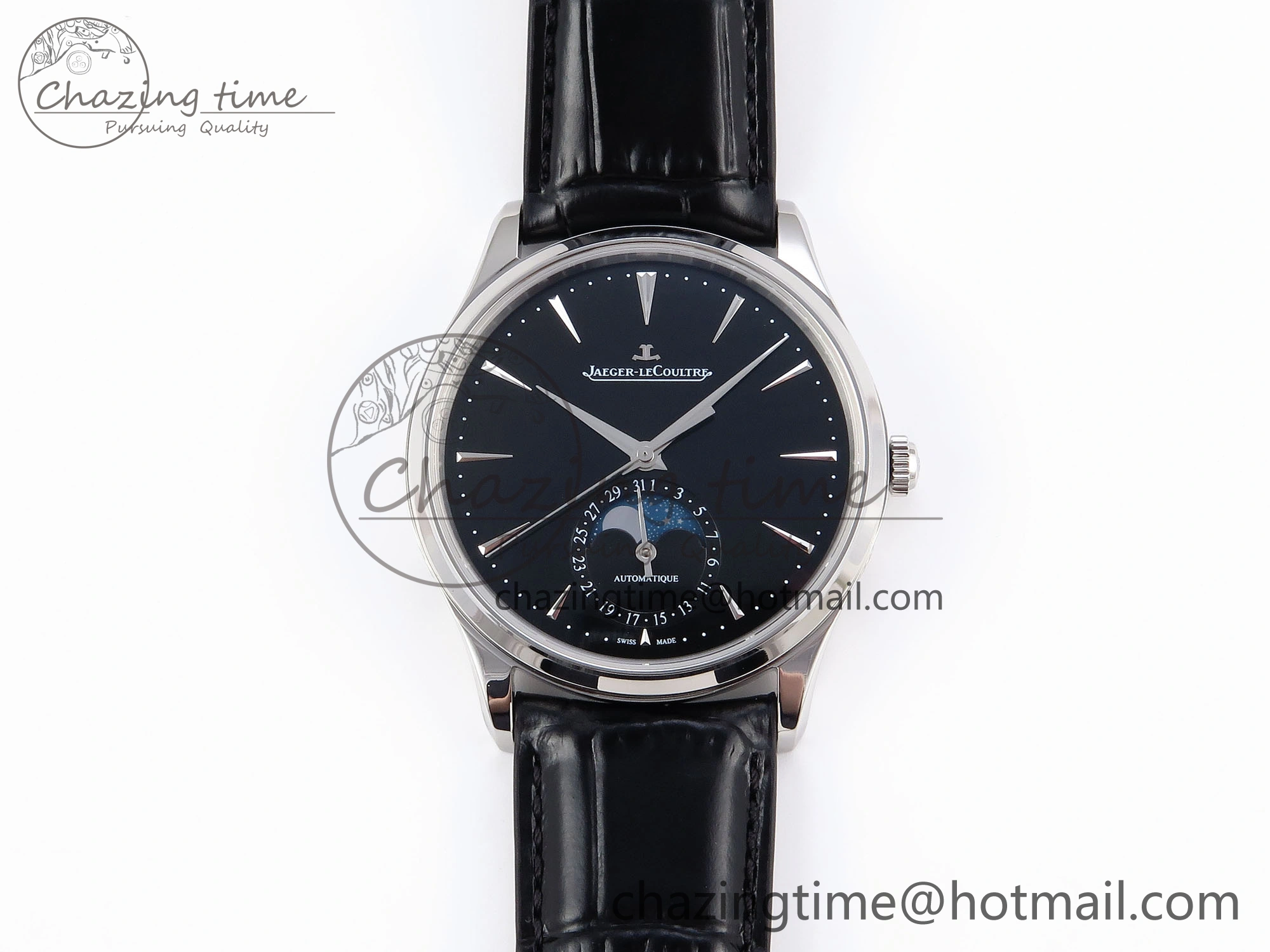 MASTER ULTRA THIN MOON SS APSF 1:1 BEST EDITION BLACK DIAL ON BLACK LEATHER STRAP SA925 SUPER CLONE
