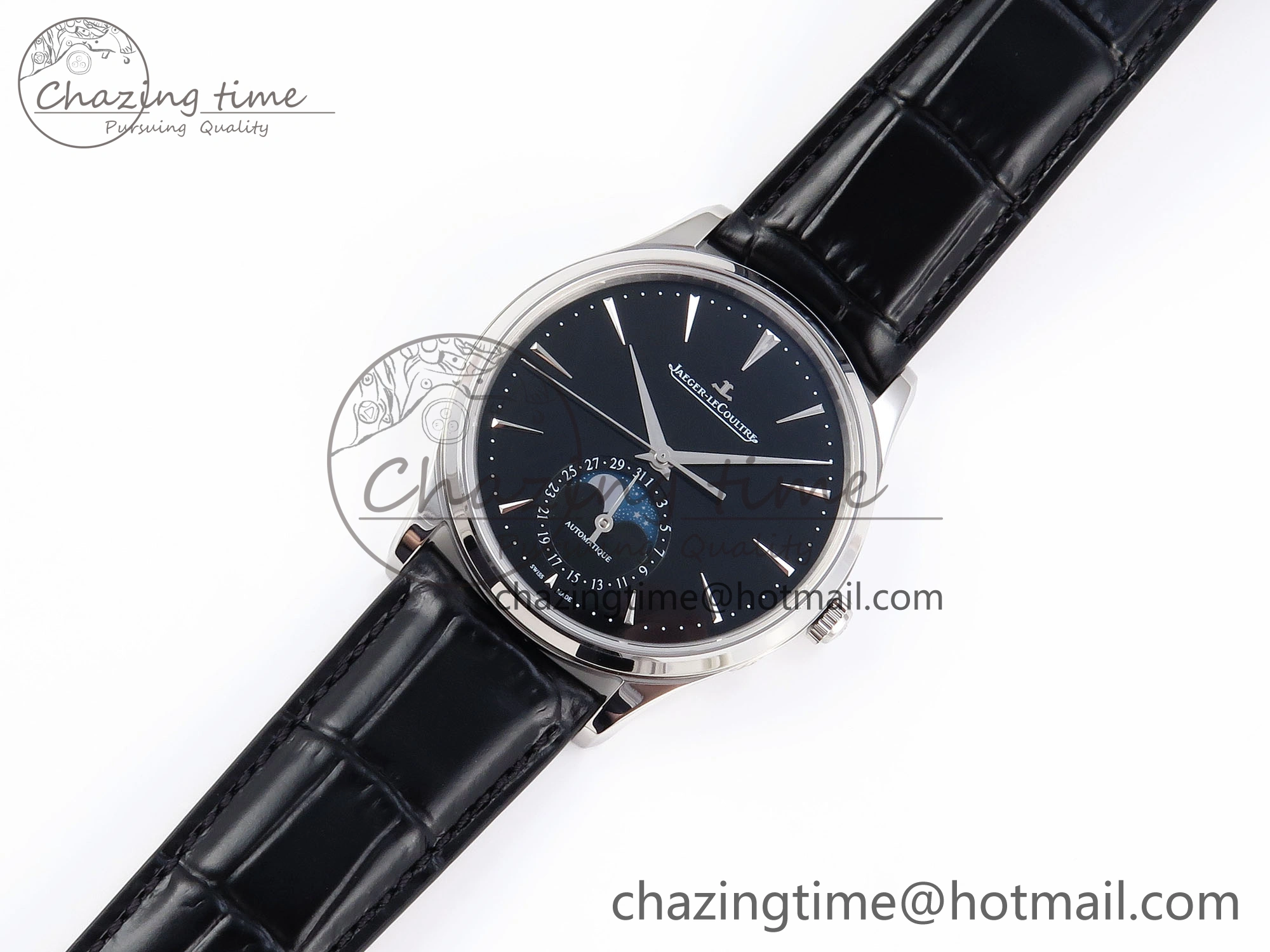 MASTER ULTRA THIN MOON SS APSF 1:1 BEST EDITION BLACK DIAL ON BLACK LEATHER STRAP SA925 SUPER CLONE