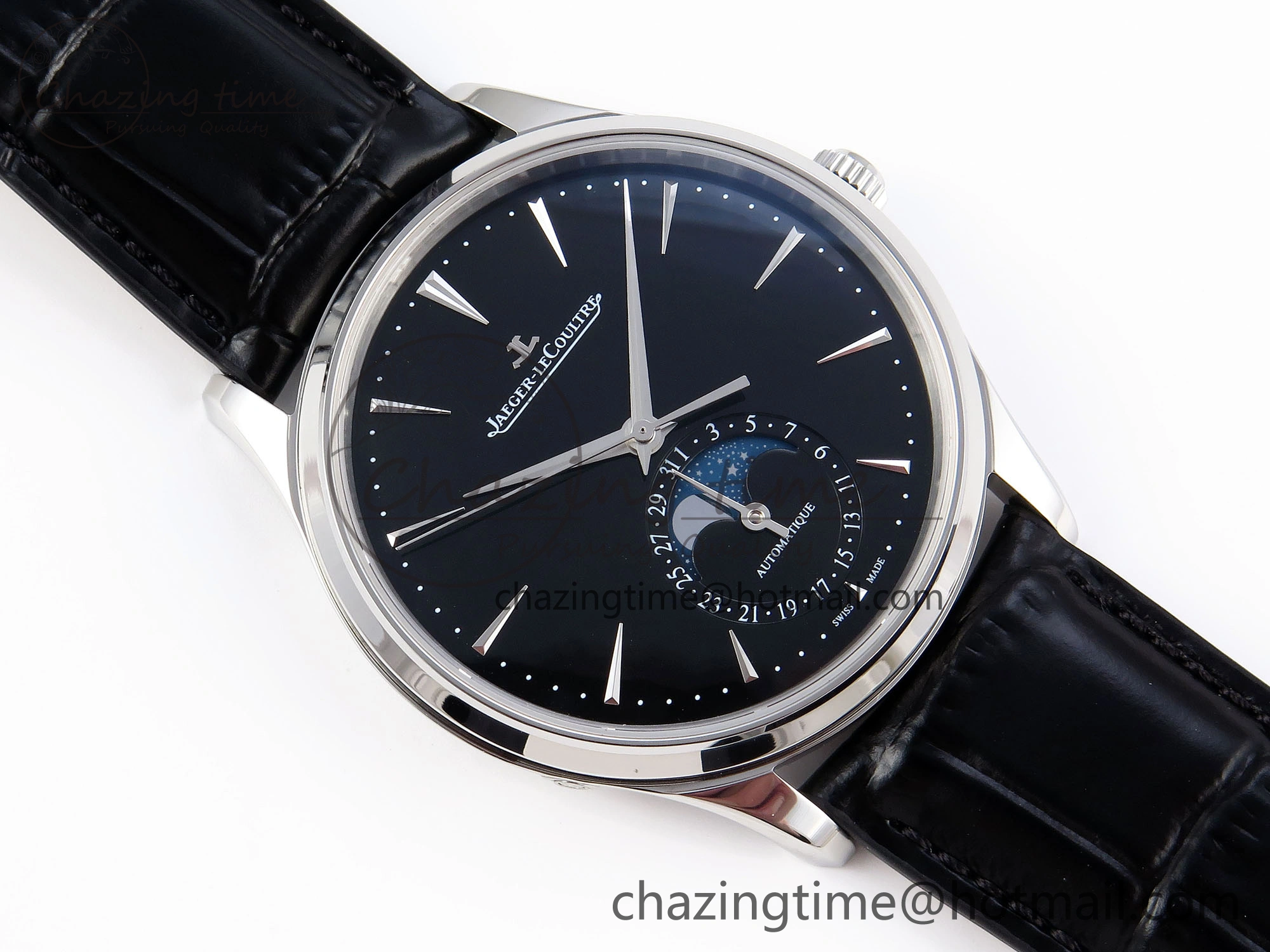 MASTER ULTRA THIN MOON SS APSF 1:1 BEST EDITION BLACK DIAL ON BLACK LEATHER STRAP SA925 SUPER CLONE