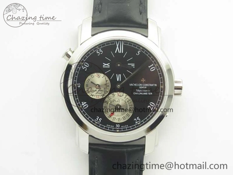 Malte Dual Time Regulator SS K11 Maker Black Dial on Black Leather Strap A23J