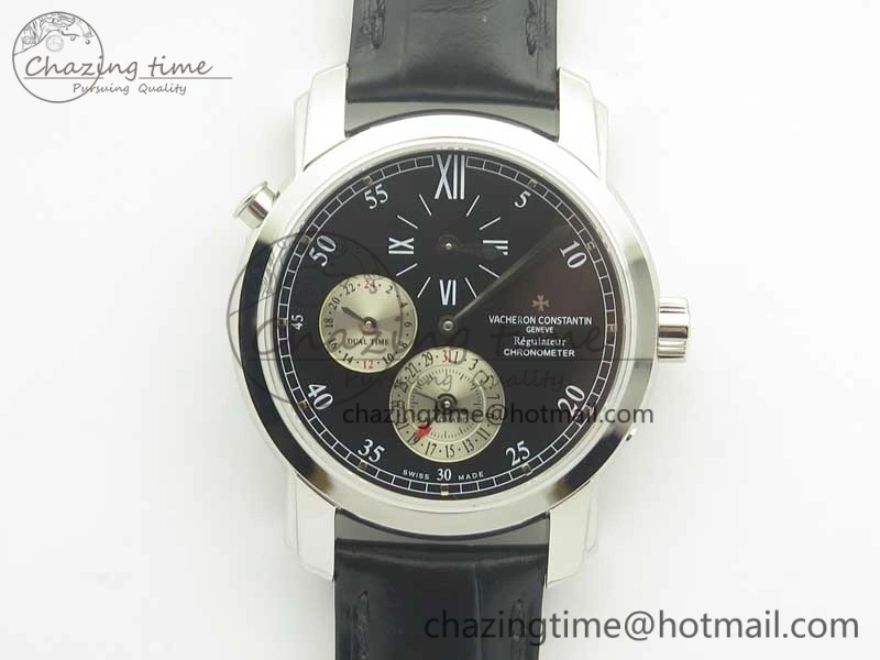 Malte Dual Time Regulator SS K11 Maker Black Dial on Black Leather Strap A23J