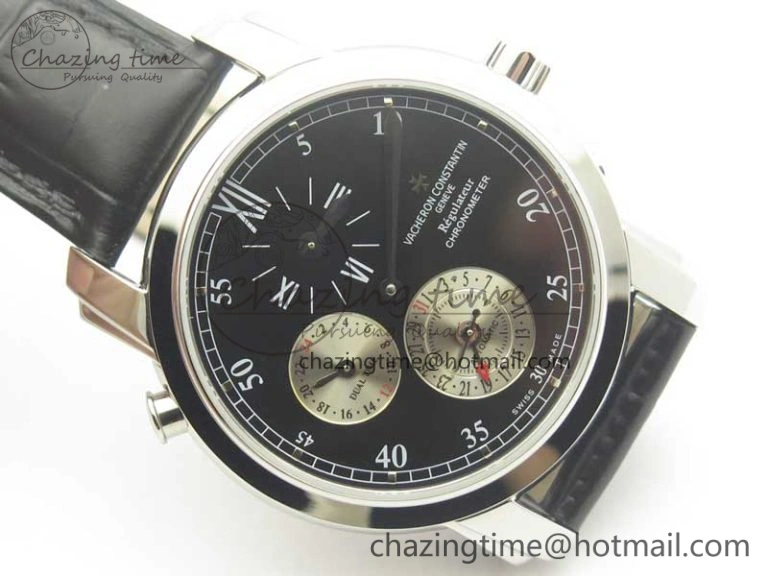 Malte Dual Time Regulator SS K11 Maker Black Dial on Black Leather Strap A23J