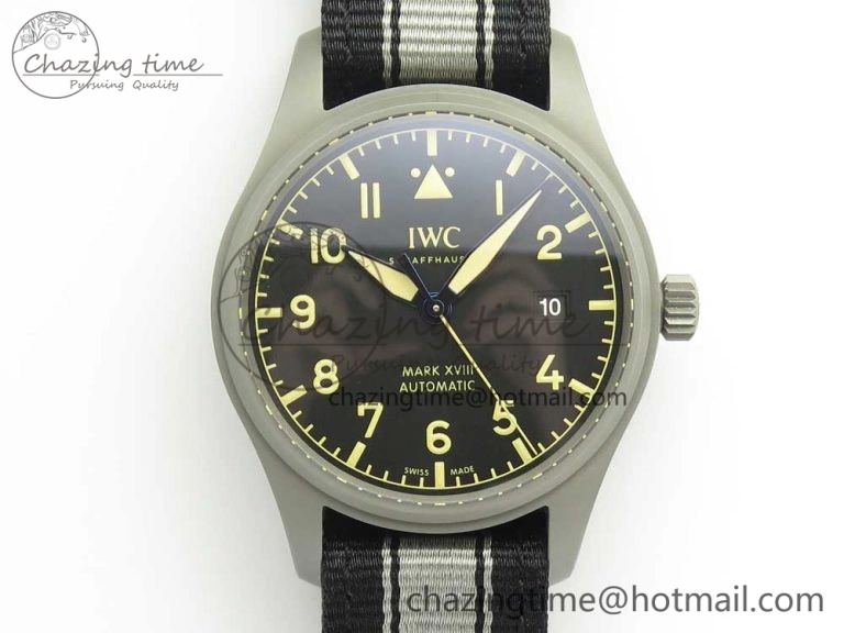 Mark XVIII IW327006 Titanium Grand M+F 1:1 Best Edition Black Dial on Nylon Strap A35111 (Free Leather Strap)