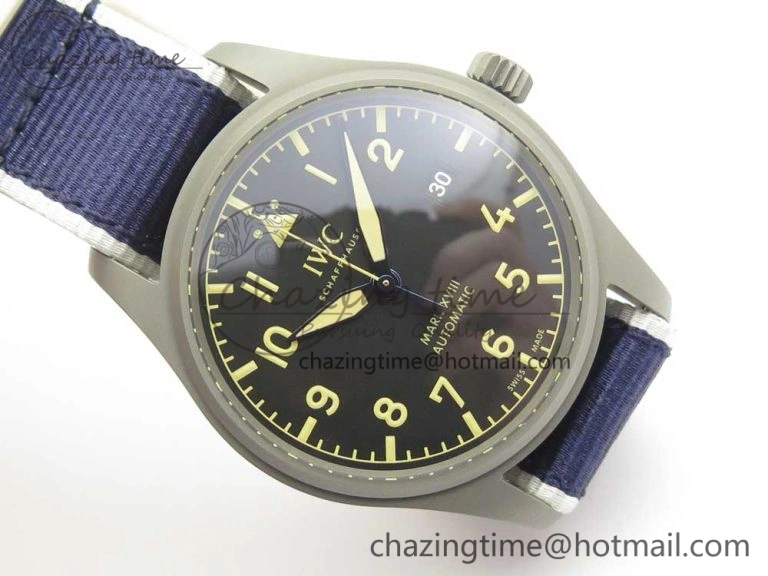 Mark XVIII IW327006 Titanium Grand M+F 1:1 Best Edition Black Dial on Nylon Strap A35111 (Free Leather Strap)