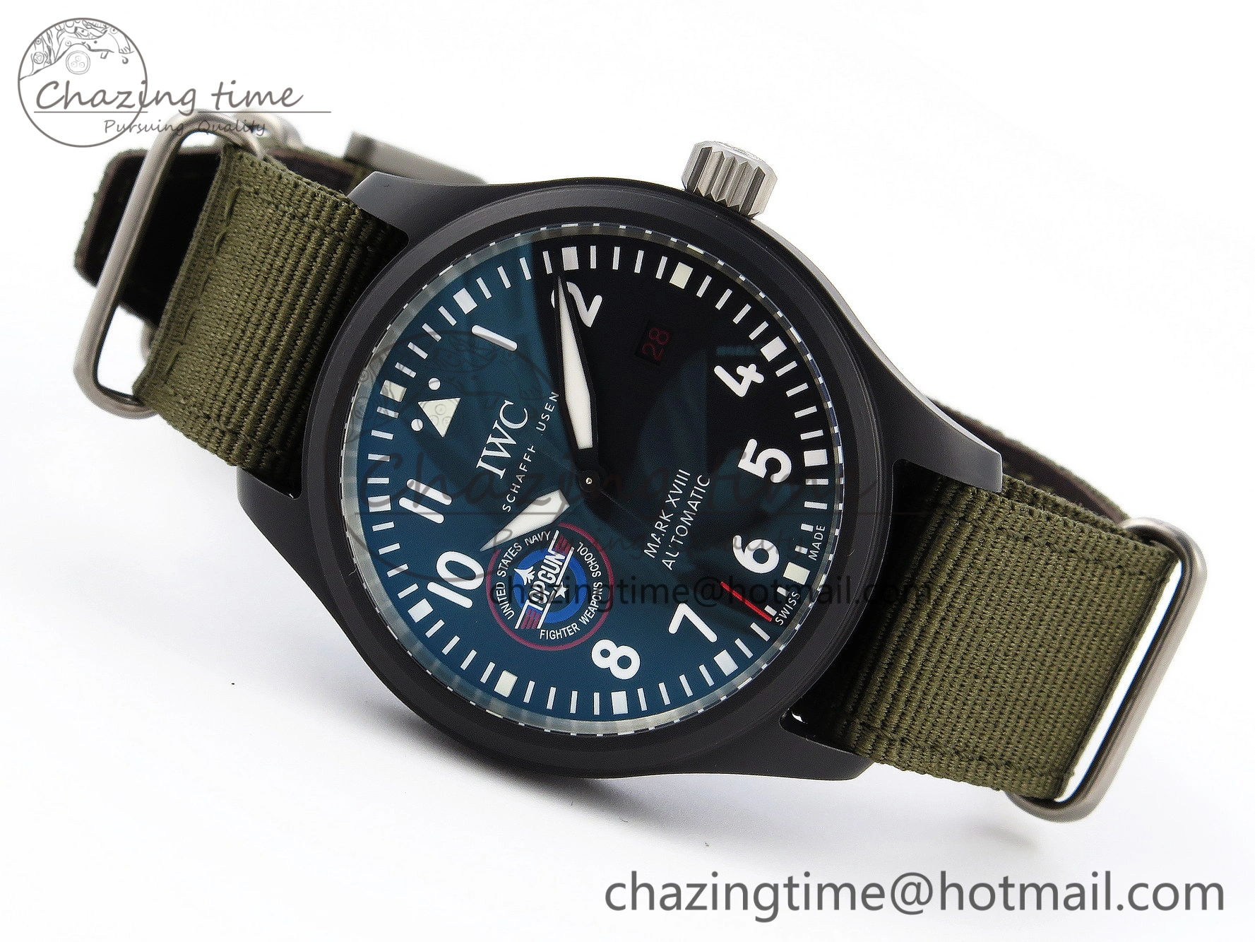 Mark XVIII Top Gun “SFTI” Black Ceramic IW324712 ZF 1:1 Best Edition on Green Nylon Strap A32111