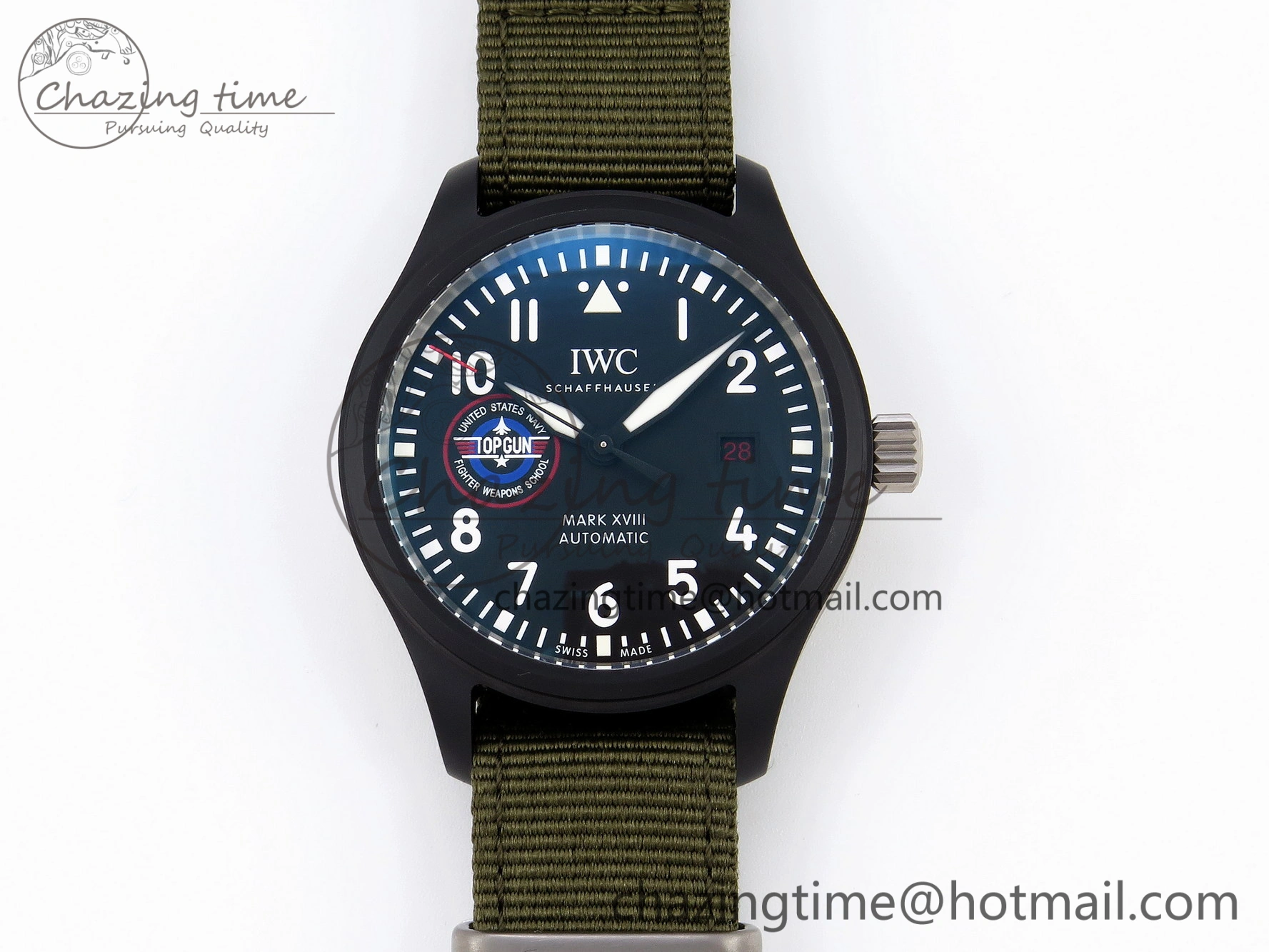 Mark XVIII Top Gun “SFTI” Black Ceramic IW324712 ZF 1:1 Best Edition on Green Nylon Strap A32111