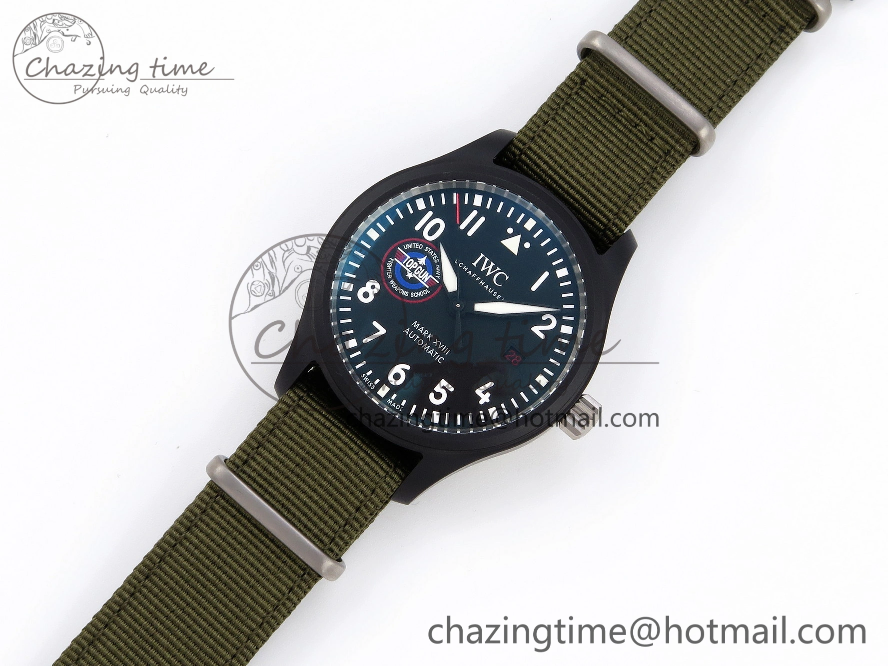 Mark XVIII Top Gun “SFTI” Black Ceramic IW324712 ZF 1:1 Best Edition on Green Nylon Strap A32111