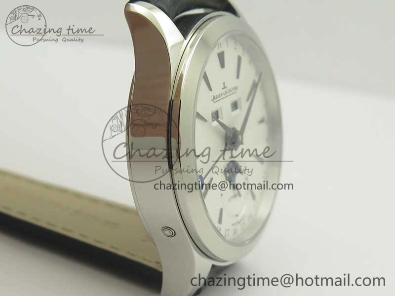 Master Calendar OMF 1:1 Best Edition White Dial Black Markers on Black Leather Strap A866