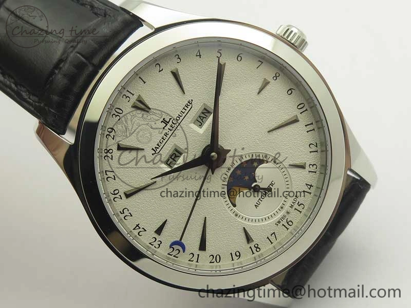 Master Calendar OMF 1:1 Best Edition White Dial Black Markers on Black Leather Strap A866
