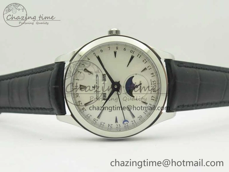 Master Calendar OMF 1:1 Best Edition White Dial Black Markers on Black Leather Strap A866
