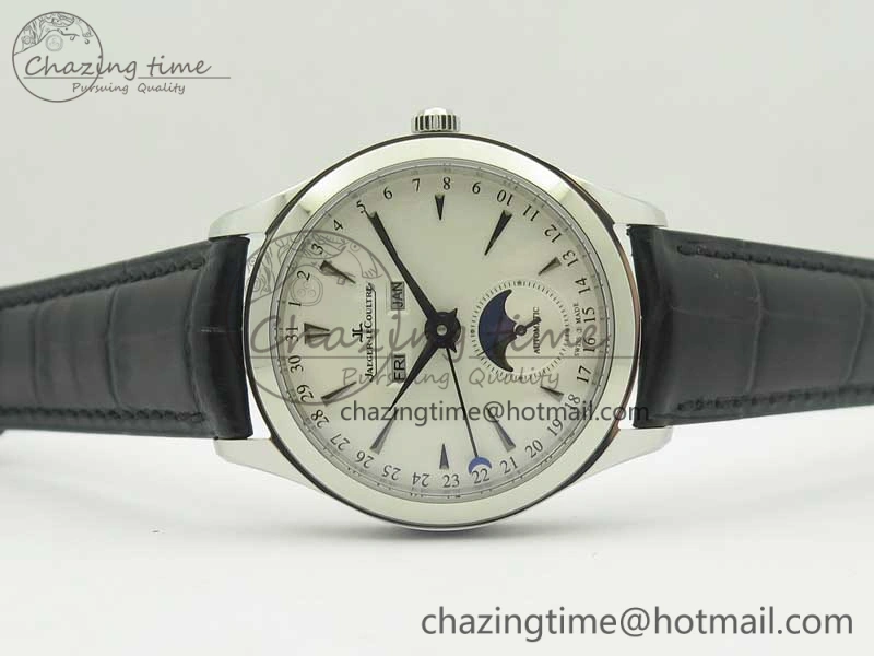 Master Calendar OMF 1:1 Best Edition White Dial Black Markers on Black Leather Strap A866