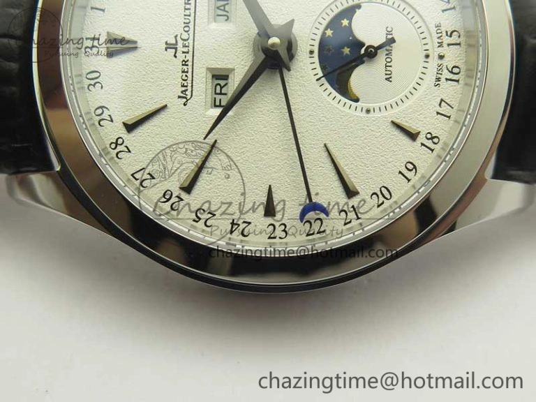 Master Calendar OMF 1:1 Best Edition White Dial Black Markers on Black Leather Strap A866