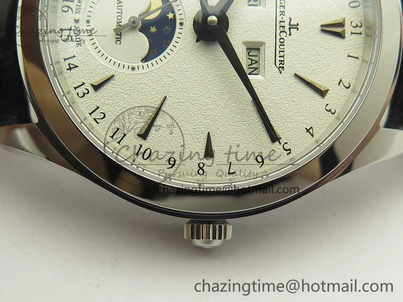 Master Calendar OMF 1:1 Best Edition White Dial Black Markers on Black Leather Strap A866