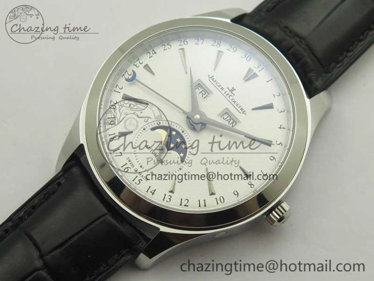 Master Calendar OMF 1:1 Best Edition White Dial Black Markers on Black Leather Strap A866