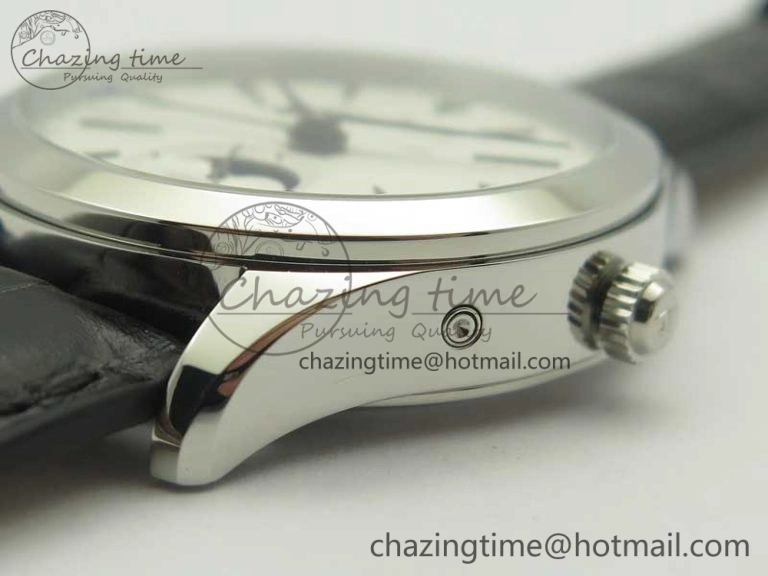 Master Calendar OMF 1:1 Best Edition White Dial Black Markers on Black Leather Strap A866