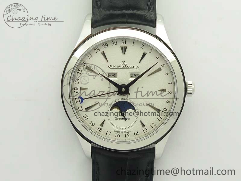 Master Calendar OMF 1:1 Best Edition White Dial Black Markers on Black Leather Strap A866