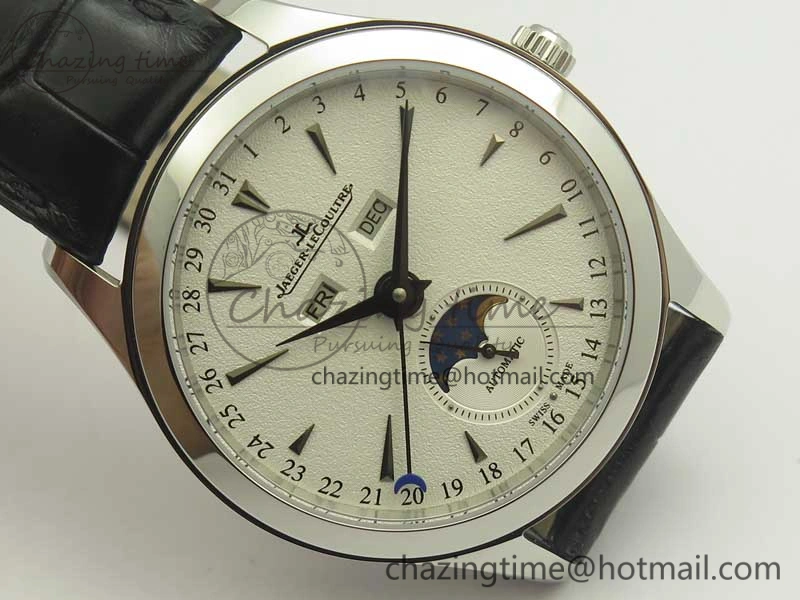 Master Calendar OMF 1:1 Best Edition White Dial on Black Leather Strap A866