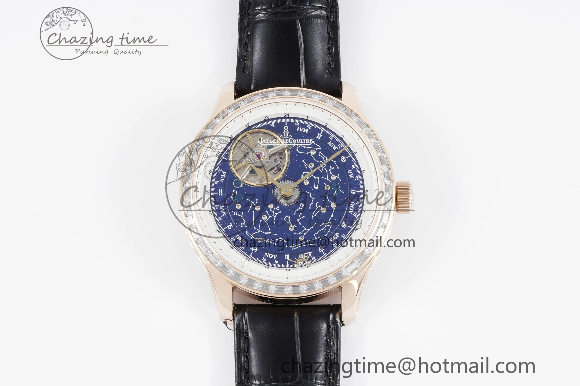 Master Grande Tradition RG Blue Revolves Dial Diamonds Bezel on Black Leather Strap