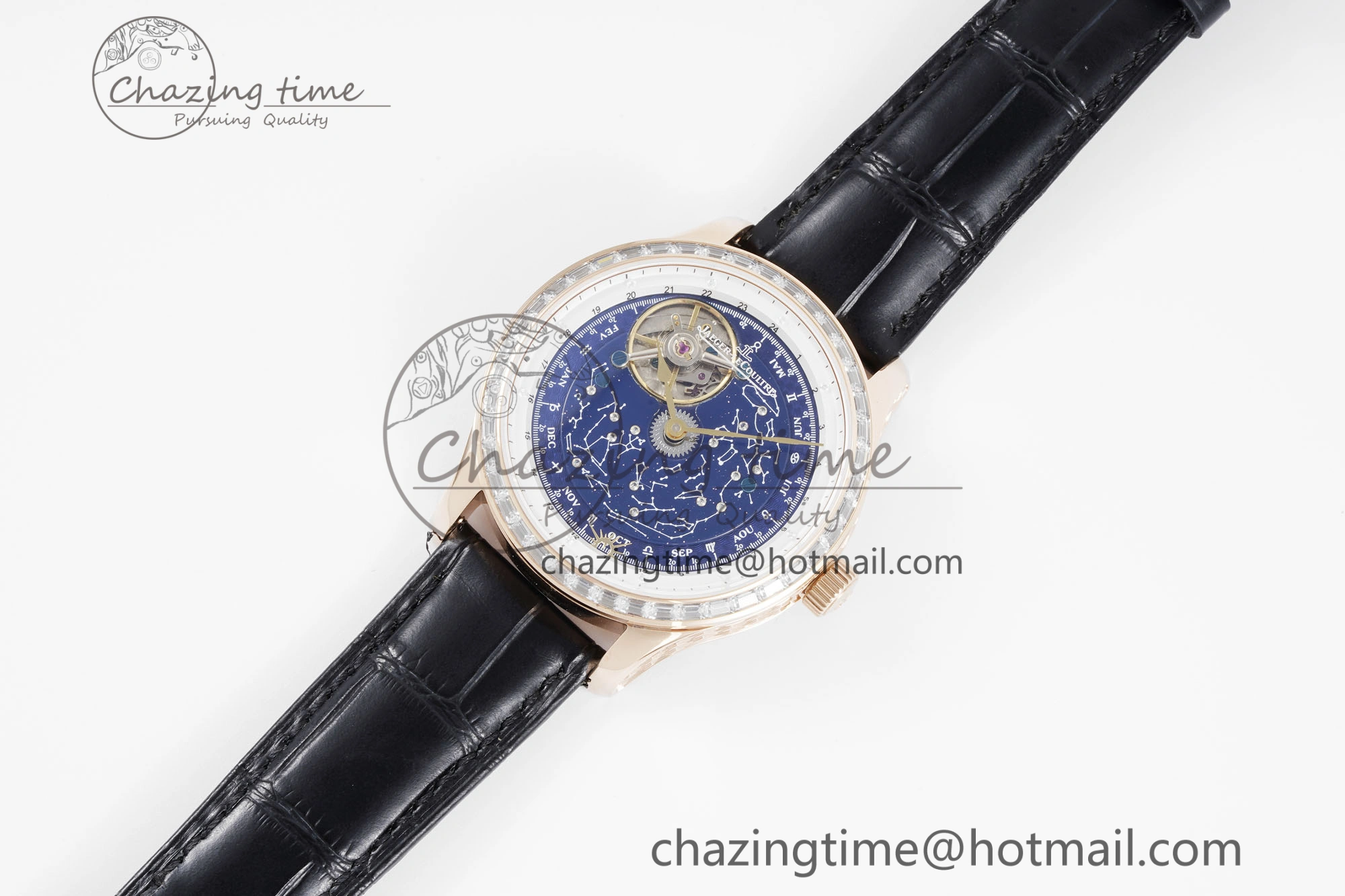 Master Grande Tradition RG Blue Revolves Dial Diamonds Bezel on Black Leather Strap
