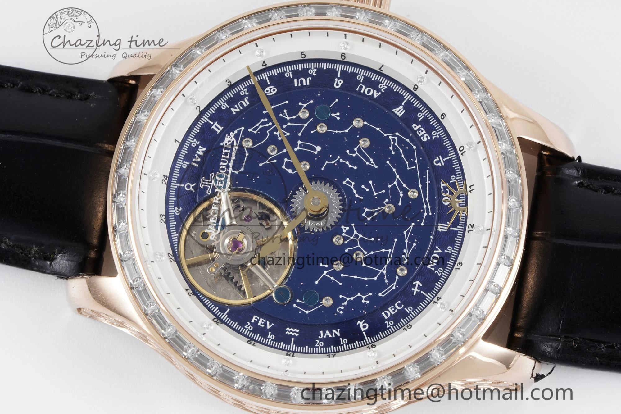Master Grande Tradition RG Blue Revolves Dial Diamonds Bezel on Black Leather Strap