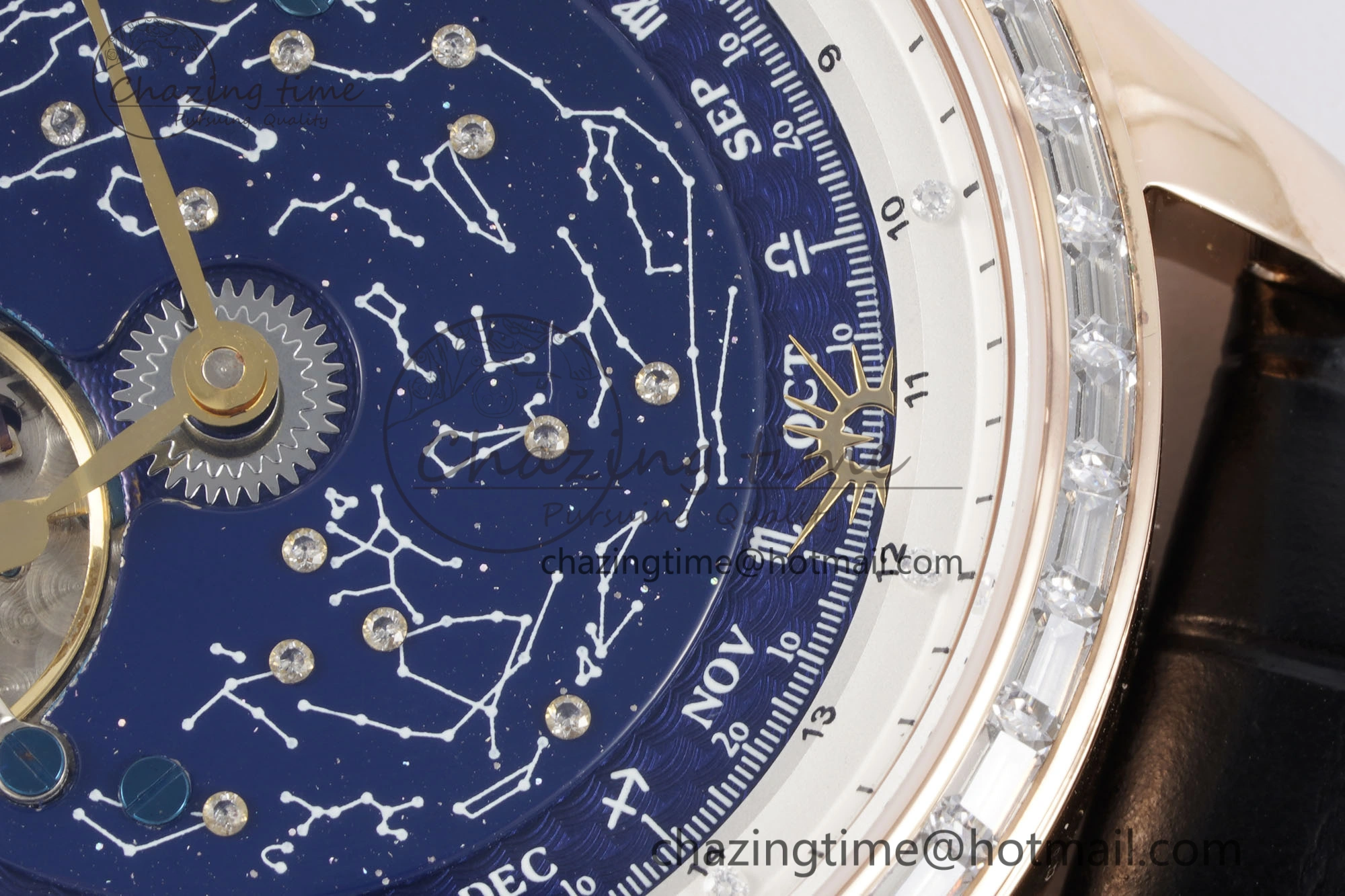 Master Grande Tradition RG Blue Revolves Dial Diamonds Bezel on Black Leather Strap